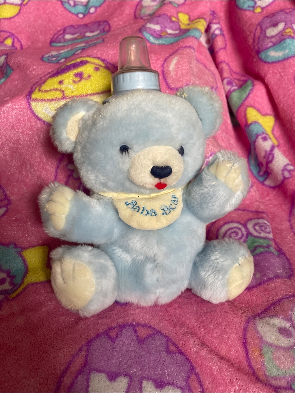 Vintage Blue Plush Baby Bear Bottle Toy with 'Baba Bear' Bib